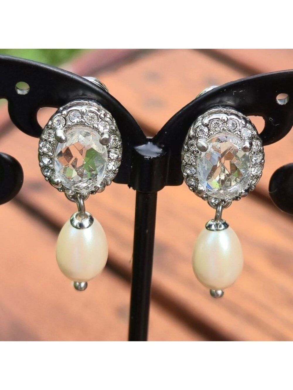 Vintage Monet Crystal Faux Pearl Clip-On Earrings  Rhinestone Drop Dangle Jewelr